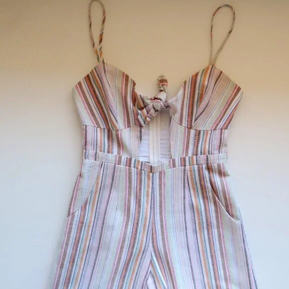 6 Shore Road Bayside Linen Striped Wide Leg Jumpsuit w Tie & Keyhole Front XS